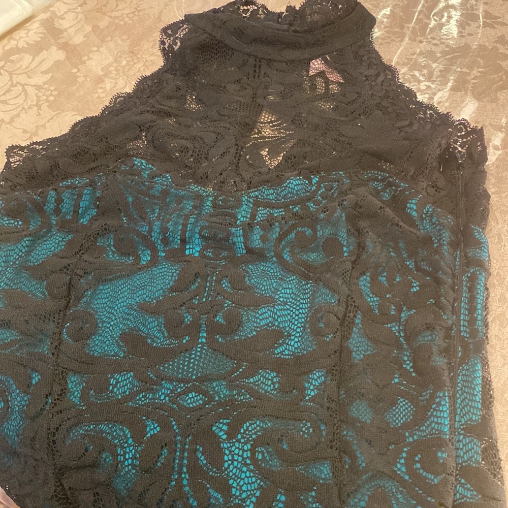 Sophisticated Lipsy London green and black lace dress
